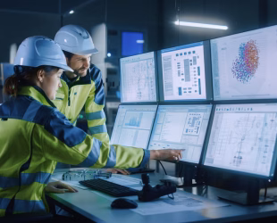 Image shows engineers reviewing statistical process control in manufacturing